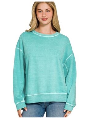 Zenana Turquoise French Terry Relaxed Crewneck Cotton Long Sleeve Sweatshirt